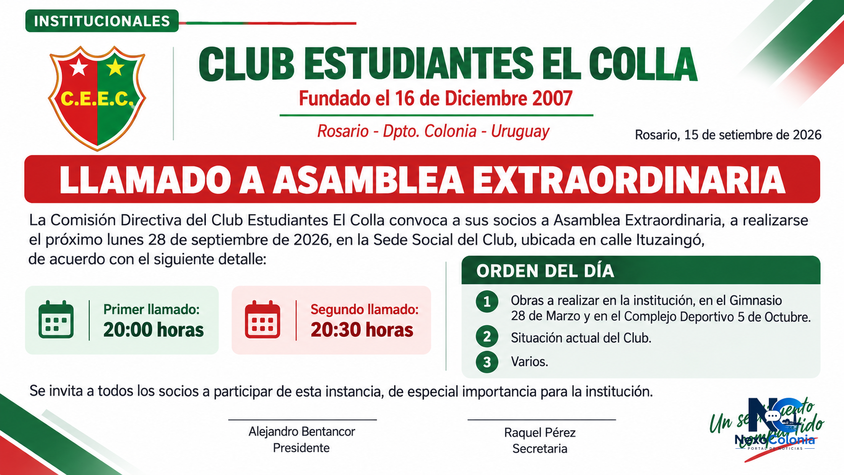 Club Estudiantes El Colla convoca a una Asamblea Extraordinaria